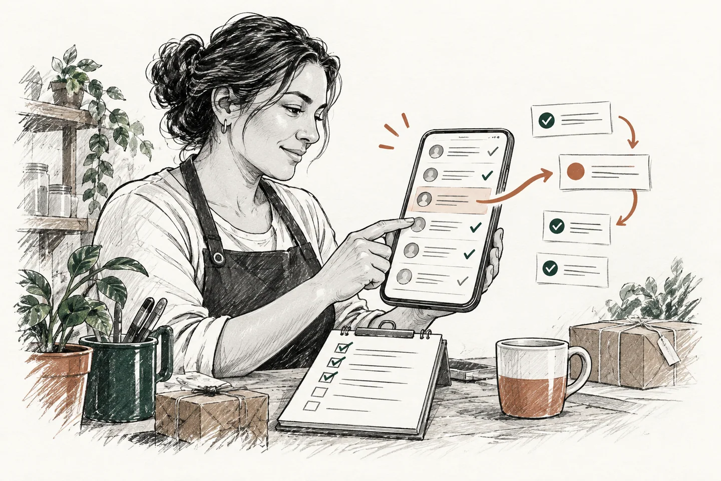 Dueña de un negocio local organiza conversaciones y seguimientos desde su teléfono.