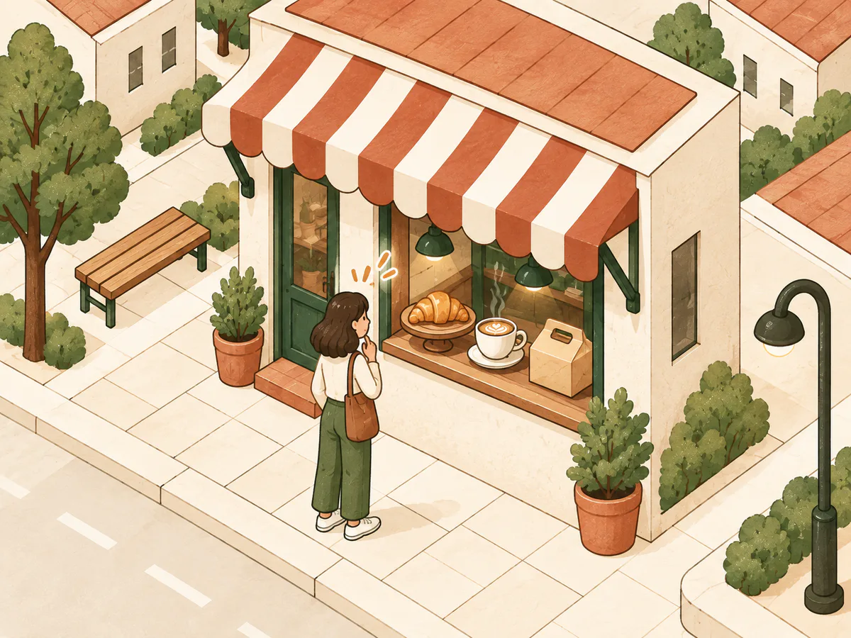 Una persona observa el pan y el café presentados en el escaparate de una cafetería.